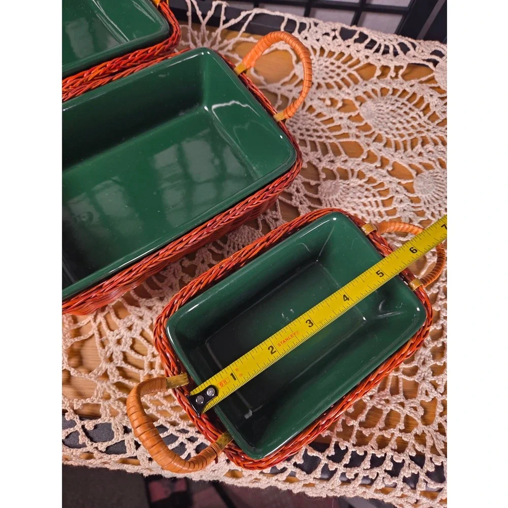 Vintage Green Ceramic Baking Dish Set with Wicker Baskets 3 Pieces Rectangular